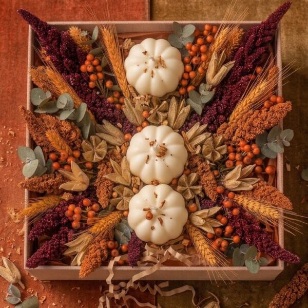 caixa de velas com flores secas